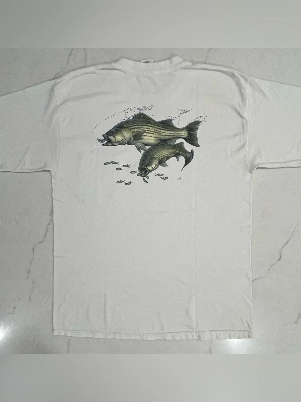 Vintage 90s Gildan Striped Bass Fishing Pocket Tee L